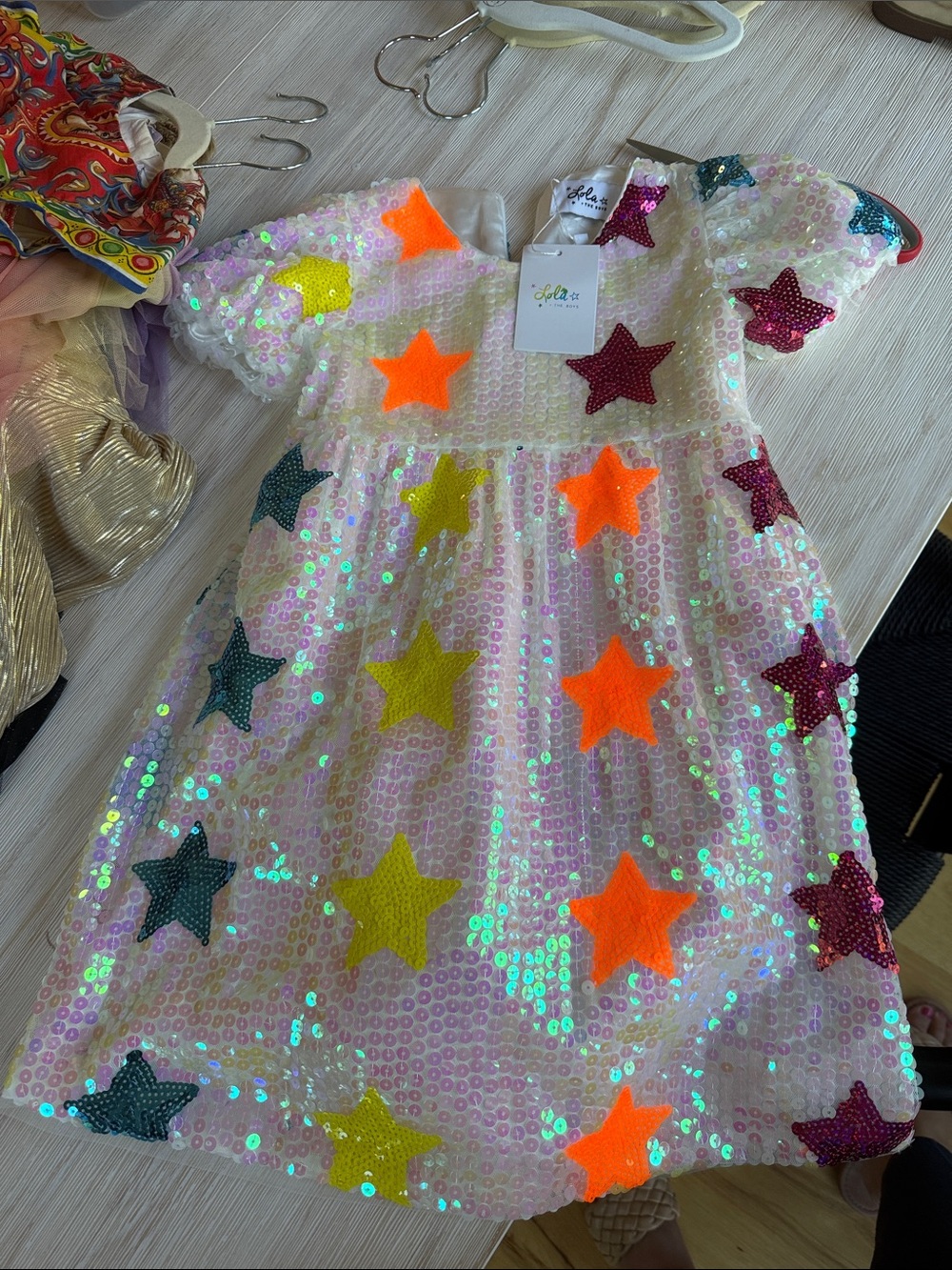 Lola & Thé Boys Sequin Star Dress - White Iridescent with Multicolor Stars